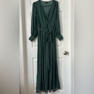 Miss Avenue front 2 slits belt tie Chiffon metallic green maxi Dress Size M